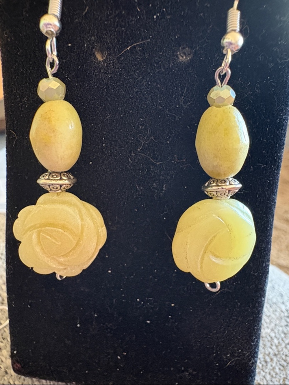 Hand Crafted Lemon Jade and Silver Rose Drop Earrings